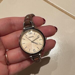 Fossil Watch with rose gold face and brown leather strap